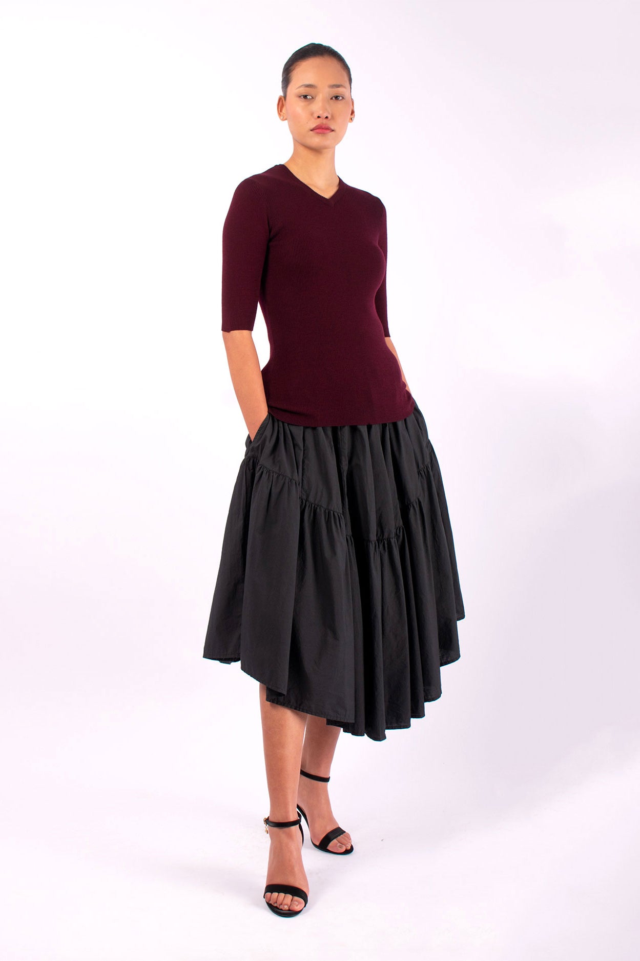 #1452 Short Sleeve High V-Neck in Superfine Merino- Burgundy — Lars Andersson, view 5