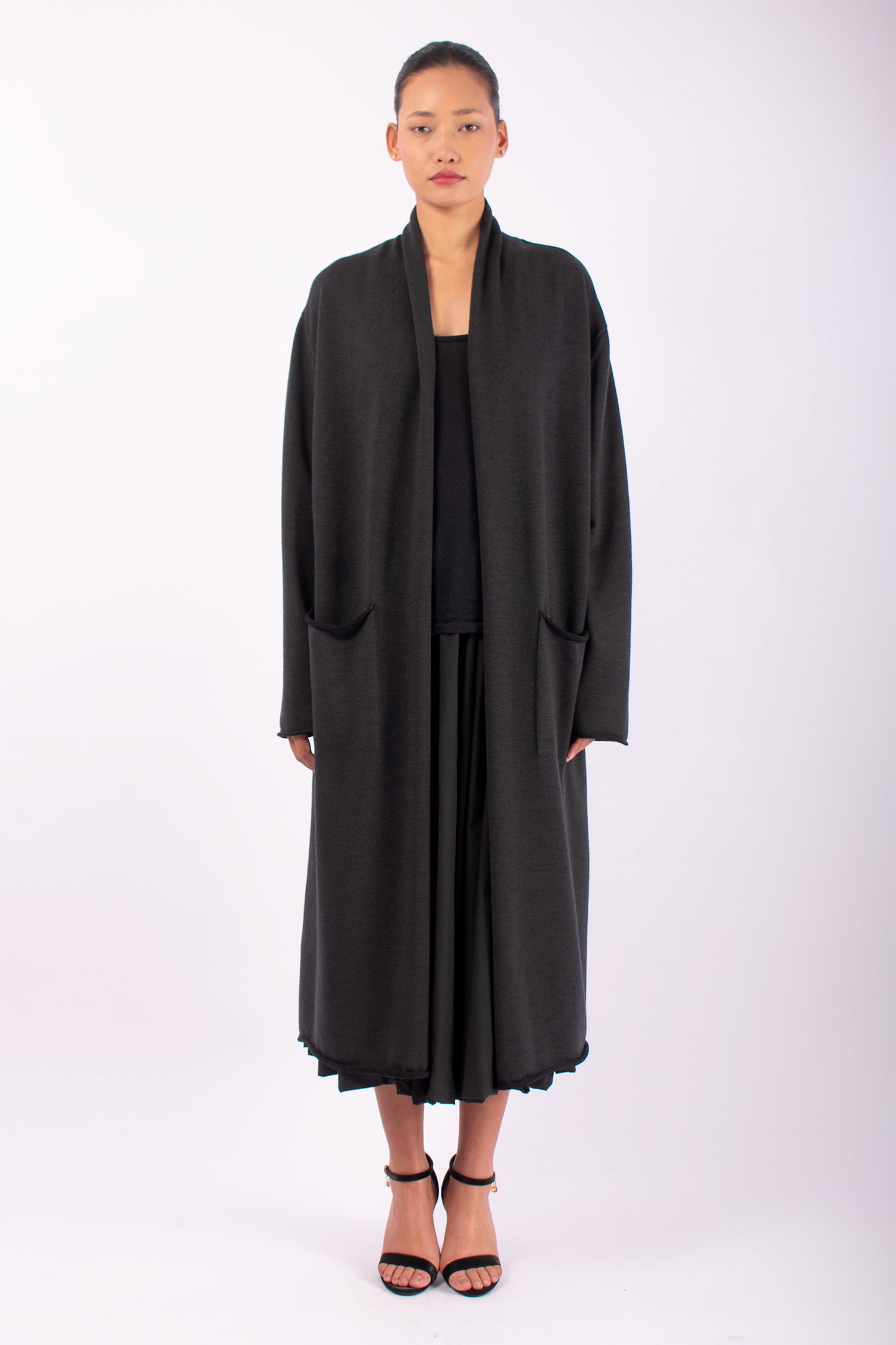 #1455 Shawl Collar Coat in Superfine Merino and Organic Cotton- Dark Brown Green — Lars Andersson hand-loomed knitwear