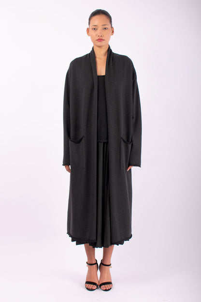 #1455 Shawl Collar Coat in Superfine Merino and Organic Cotton- Dark Brown Green — Lars Andersson hand-loomed knitwear