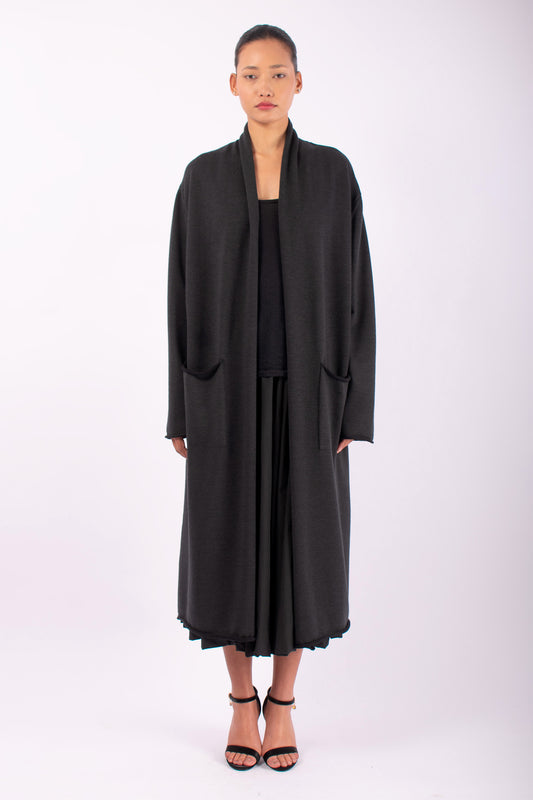 #1455 Shawl Collar Coat in Superfine Merino and Organic Cotton- Dark Brown Green — Lars Andersson hand-loomed knitwear