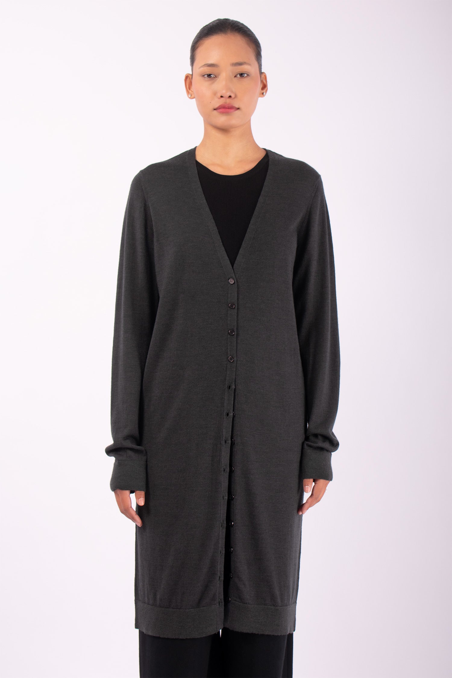 #1466 Long V-neck Cardigan in Superfine Merino- Dark Brown Green — Lars Andersson hand-loomed knitwear
