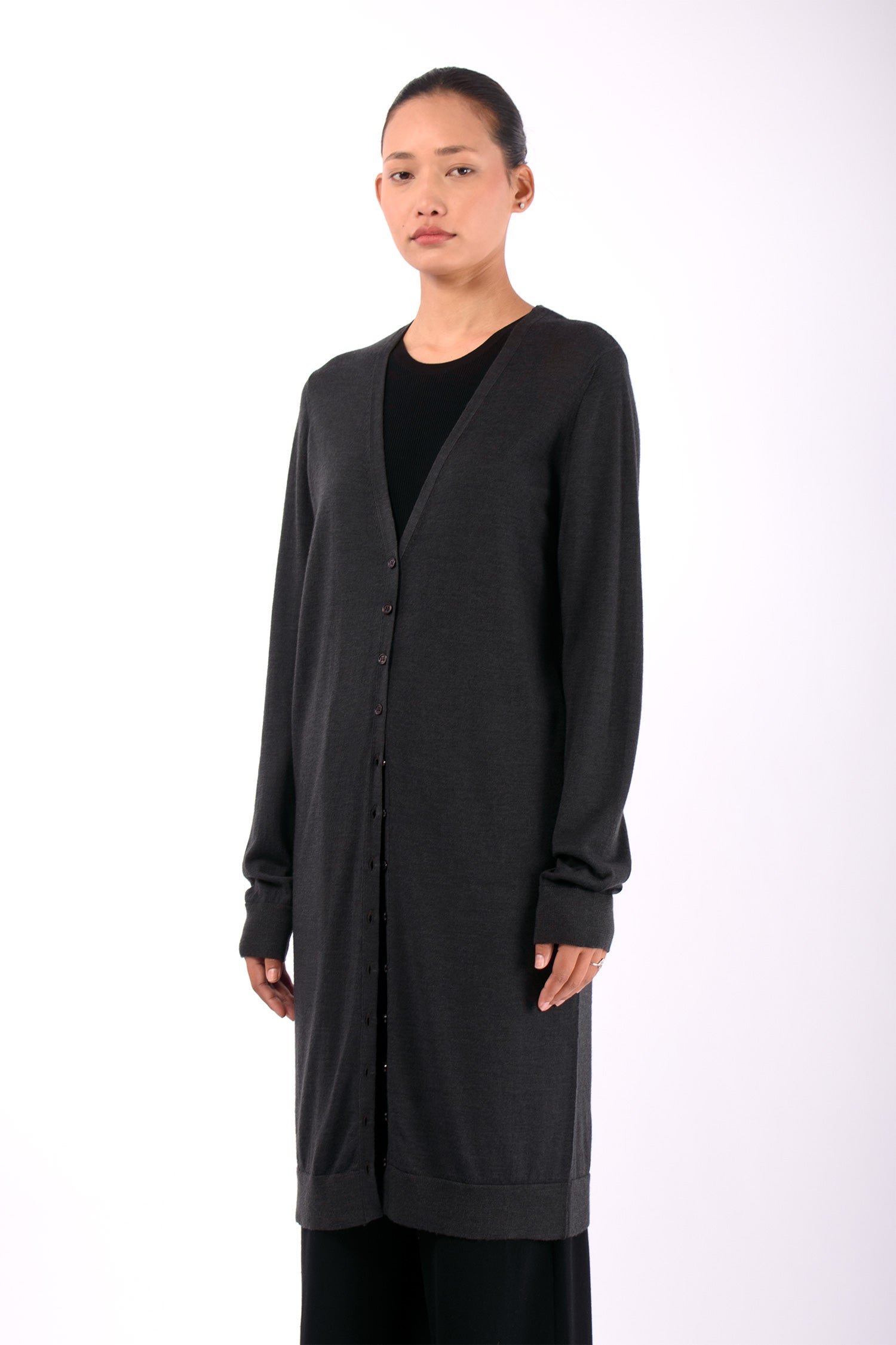 #1466 Long V-neck Cardigan in Superfine Merino- Dark Brown Green — Lars Andersson, view 2