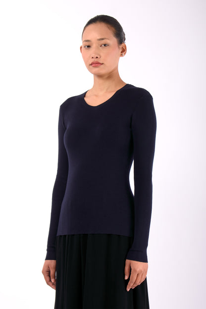 #1471 Long Sleeve High V-neck in Organic Cotton- Blue Carlo — Lars Andersson, view 2