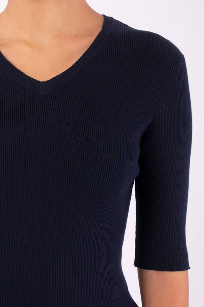 #1473 Short Sleeve High V-Neck in Organic Cotton- Blue Carlo — Lars Andersson, view 4