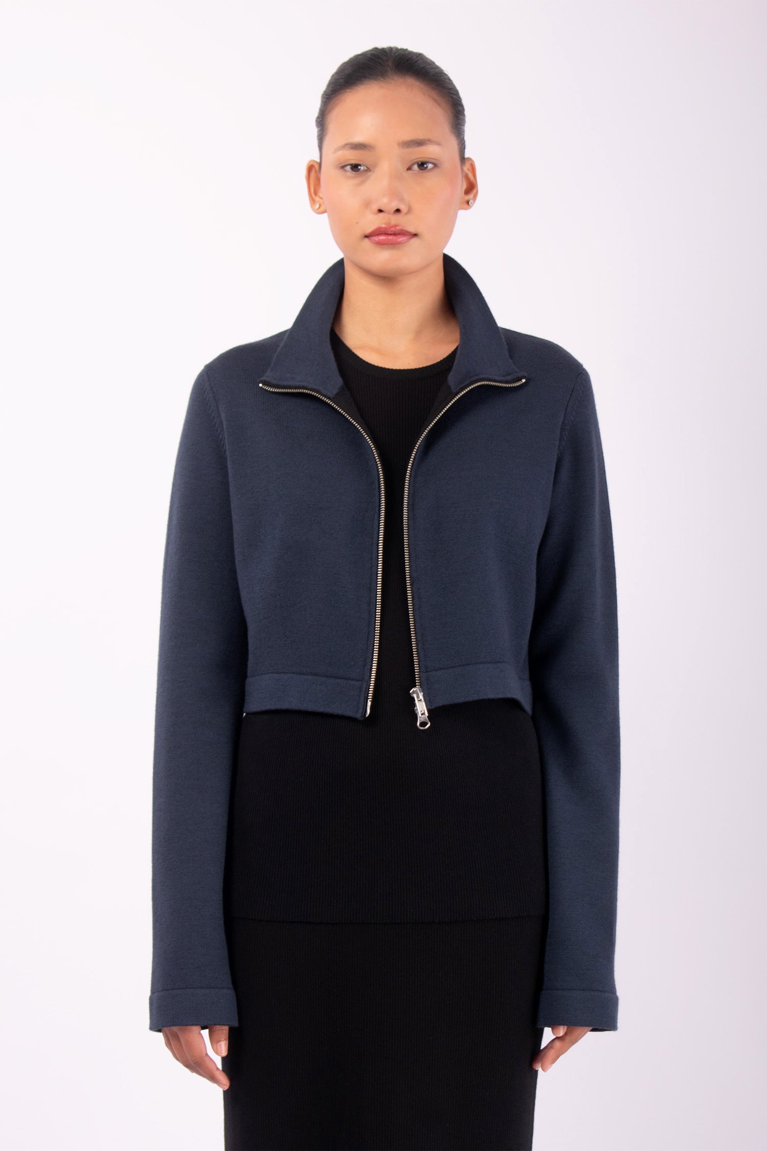 #1479 Cropped Zip Jacket in Superfine Merino and Organic Cotton- Dark Space — Lars Andersson hand-loomed knitwear