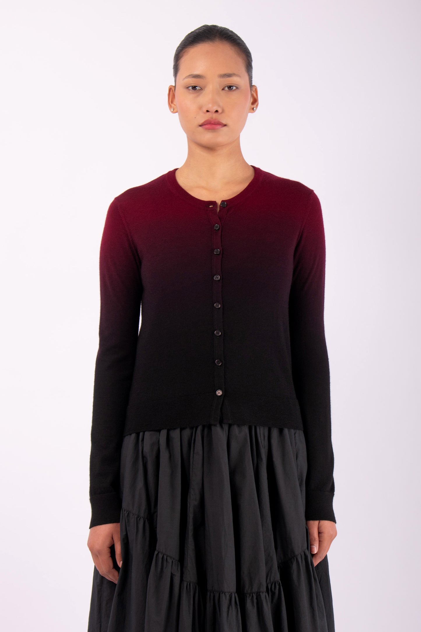 #1483 Fitted Cropped Cardigan in Superfine Marino- Maroon Ombre — Lars Andersson hand-loomed knitwear