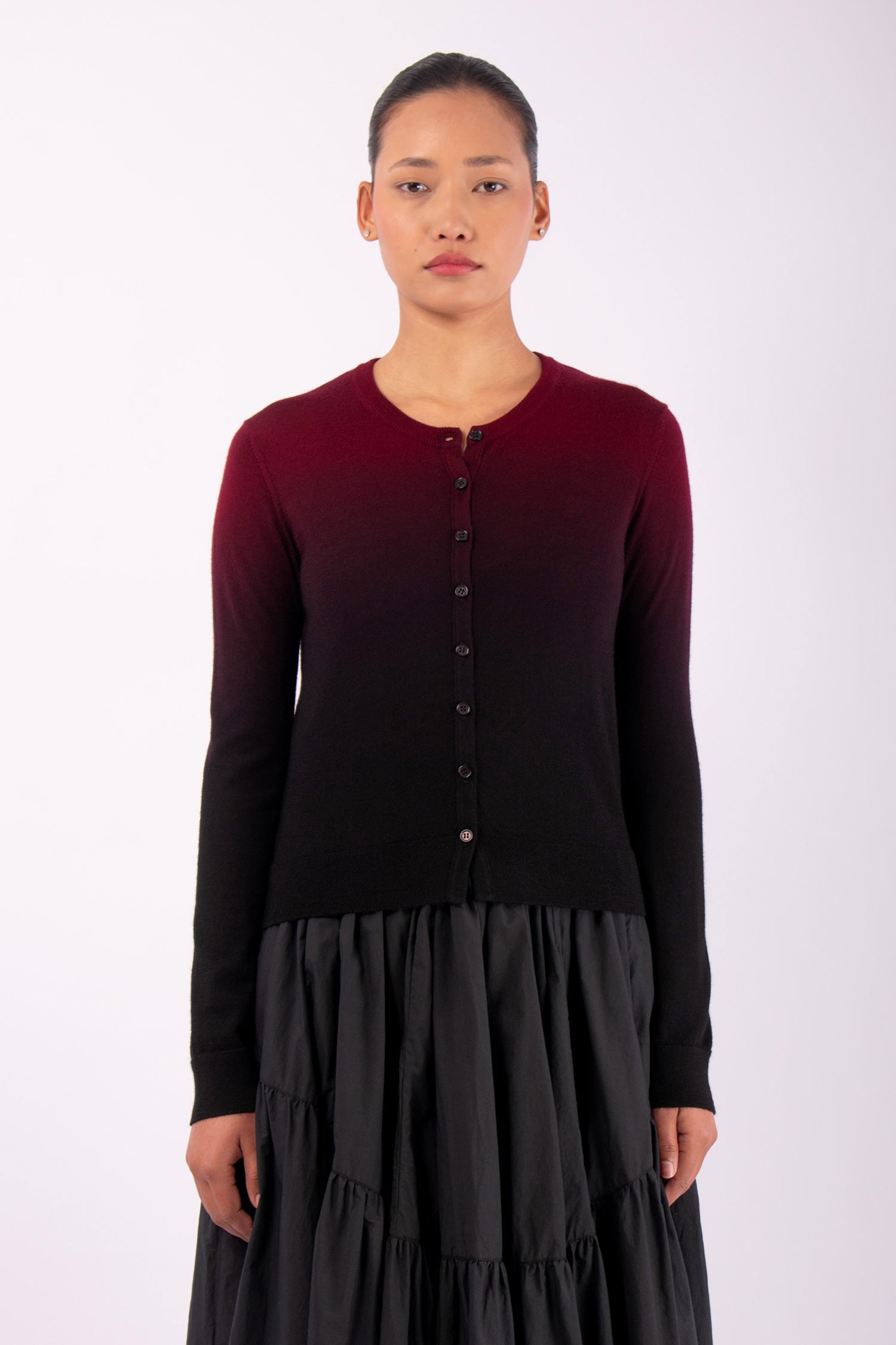 #1483 Fitted Cropped Cardigan in Superfine Marino- Maroon Ombre — Lars Andersson hand-loomed knitwear