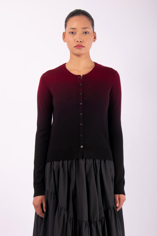 #1483 Fitted Cropped Cardigan in Superfine Marino- Maroon Ombre — Lars Andersson hand-loomed knitwear