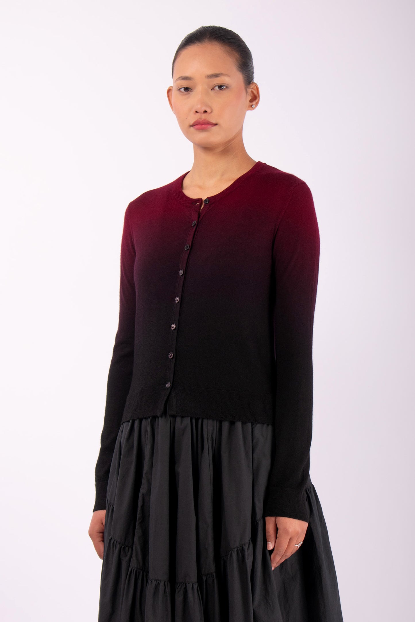 #1483 Fitted Cropped Cardigan in Superfine Marino- Maroon Ombre — Lars Andersson, view 2