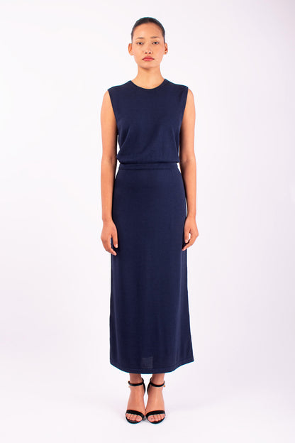 #1487 Sleeveless Crewneck Dress in Silk and Organic Cotton- Dark Blue — Lars Andersson hand-loomed knitwear