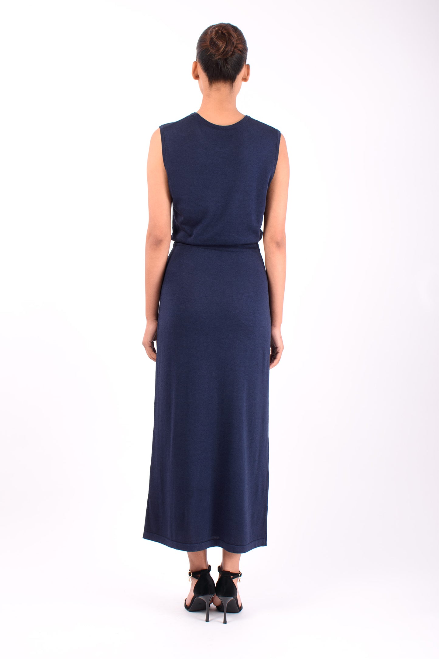 #1487 Sleeveless Crewneck Dress in Silk and Organic Cotton- Dark Blue — Lars Andersson, view 3
