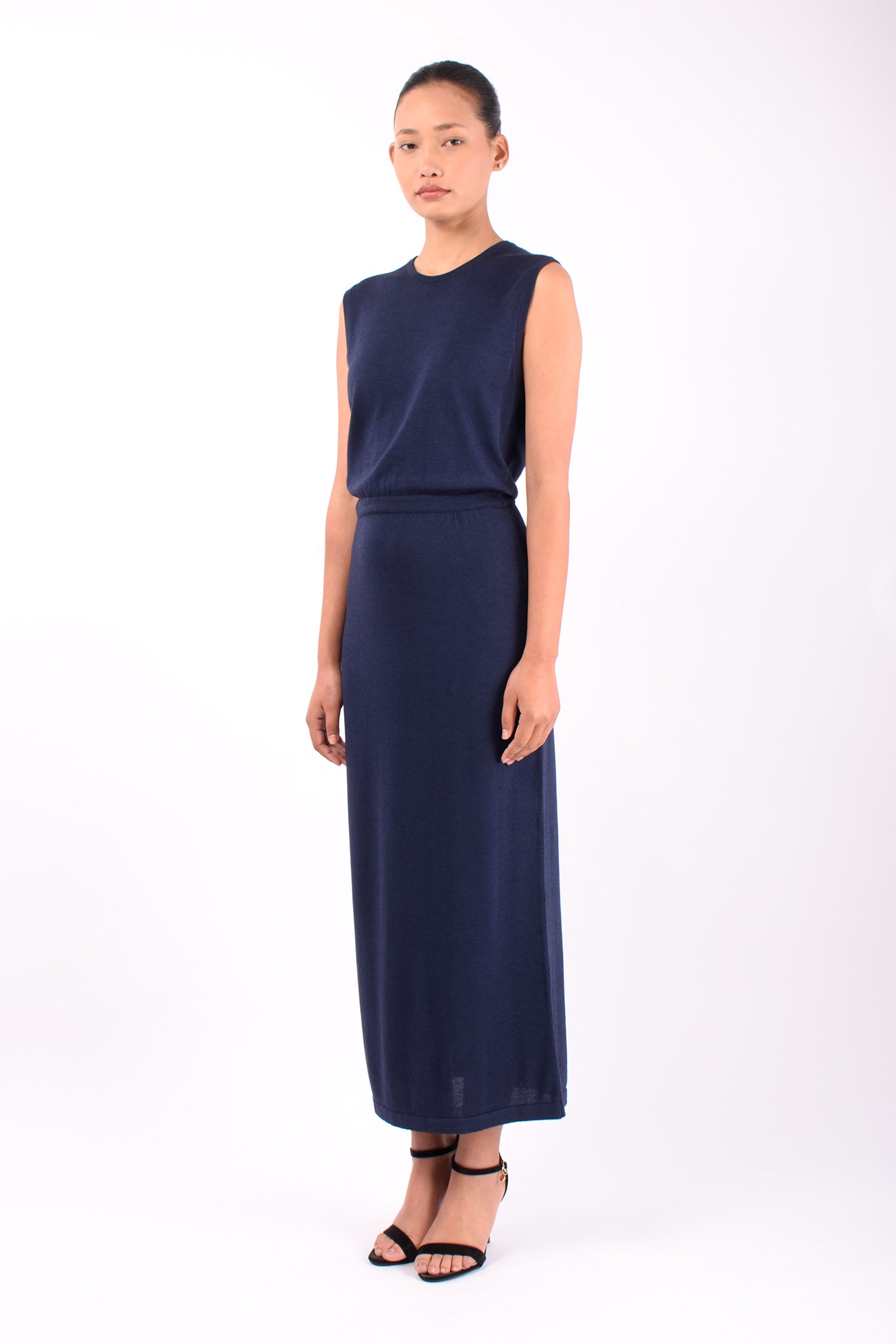 #1487 Sleeveless Crewneck Dress in Silk and Organic Cotton- Dark Blue — Lars Andersson, view 2