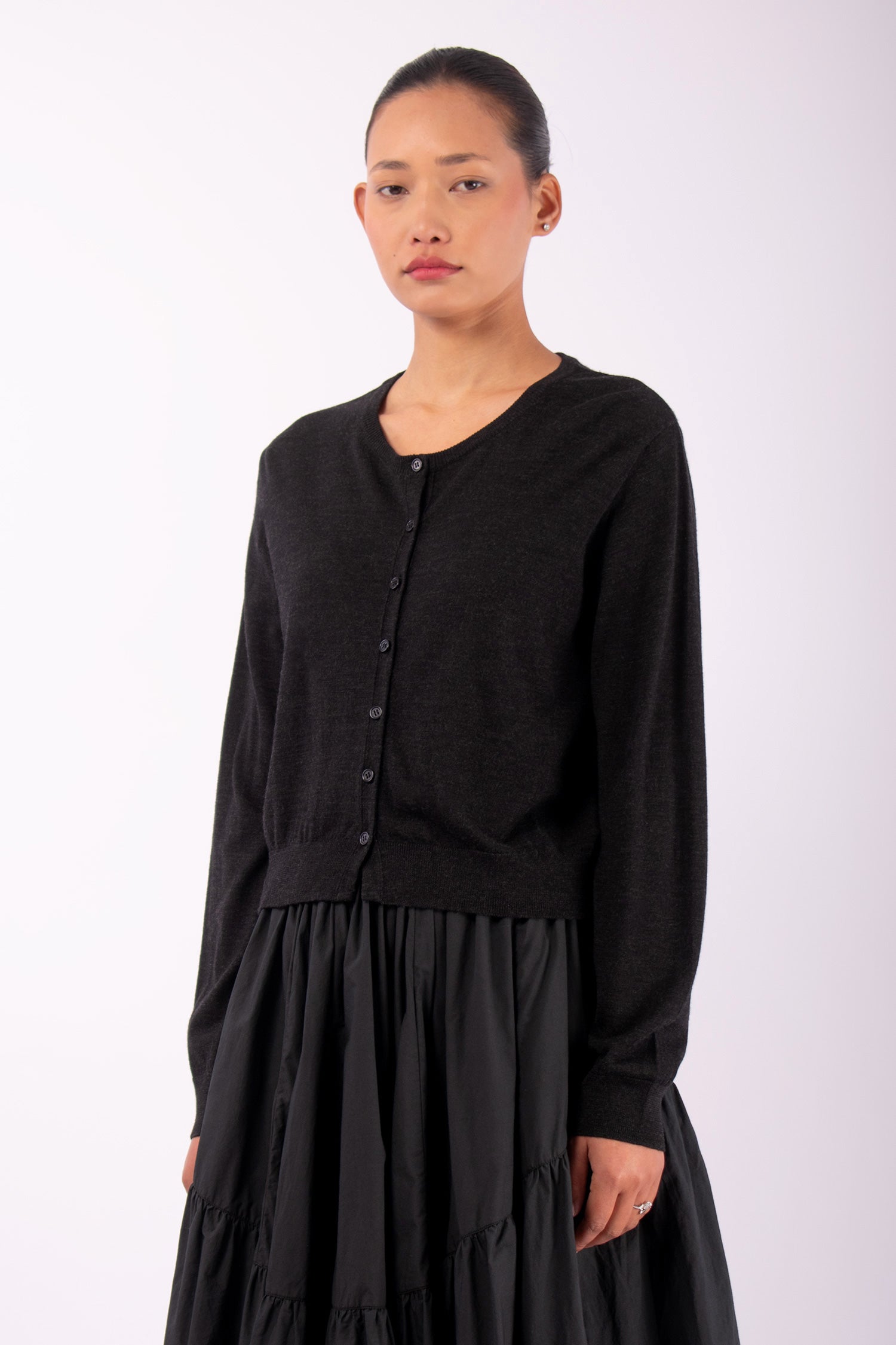 #1497 Long Sleeve Cropped Cardigan in Superfine Merino- Charcoal — Lars Andersson, view 2