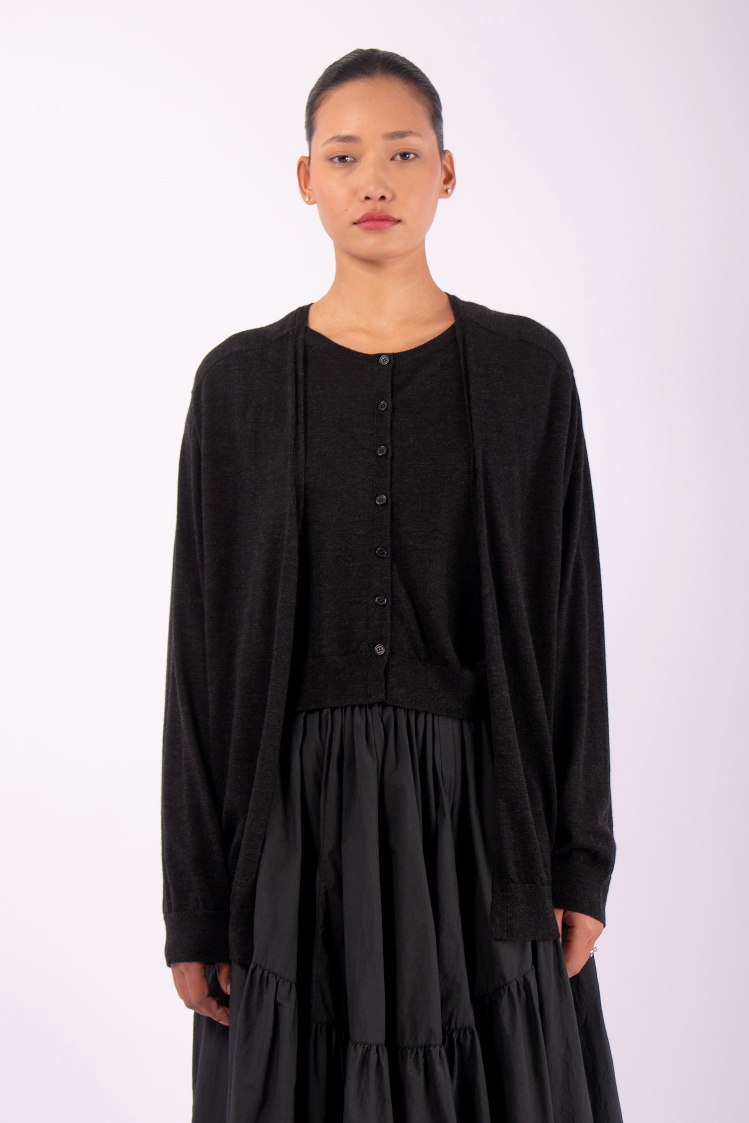 #1498 V-Neck Cardigan in Superfine Merino- Charcoal — Lars Andersson hand-loomed knitwear