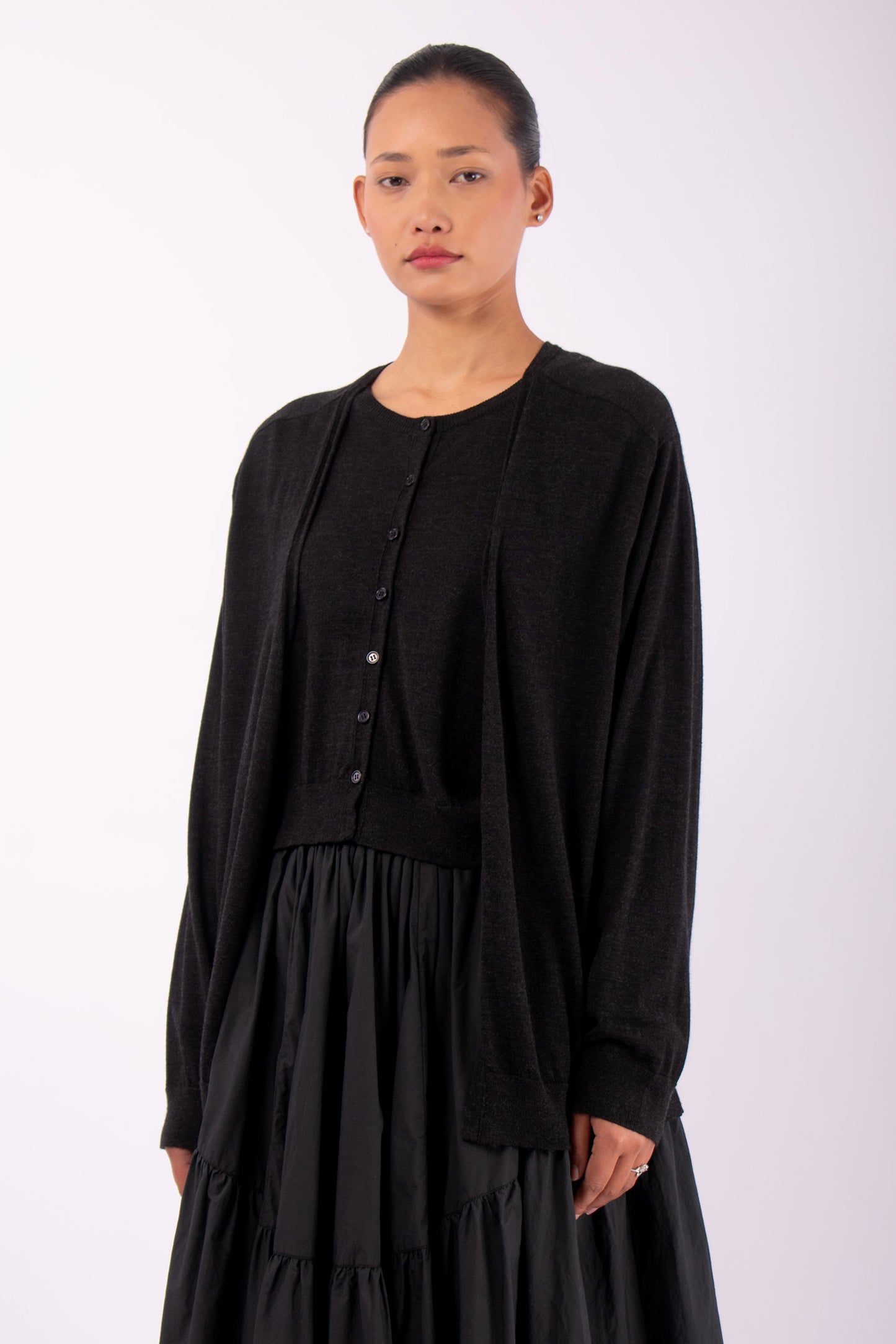 #1498 V-Neck Cardigan in Superfine Merino- Charcoal — Lars Andersson, view 2