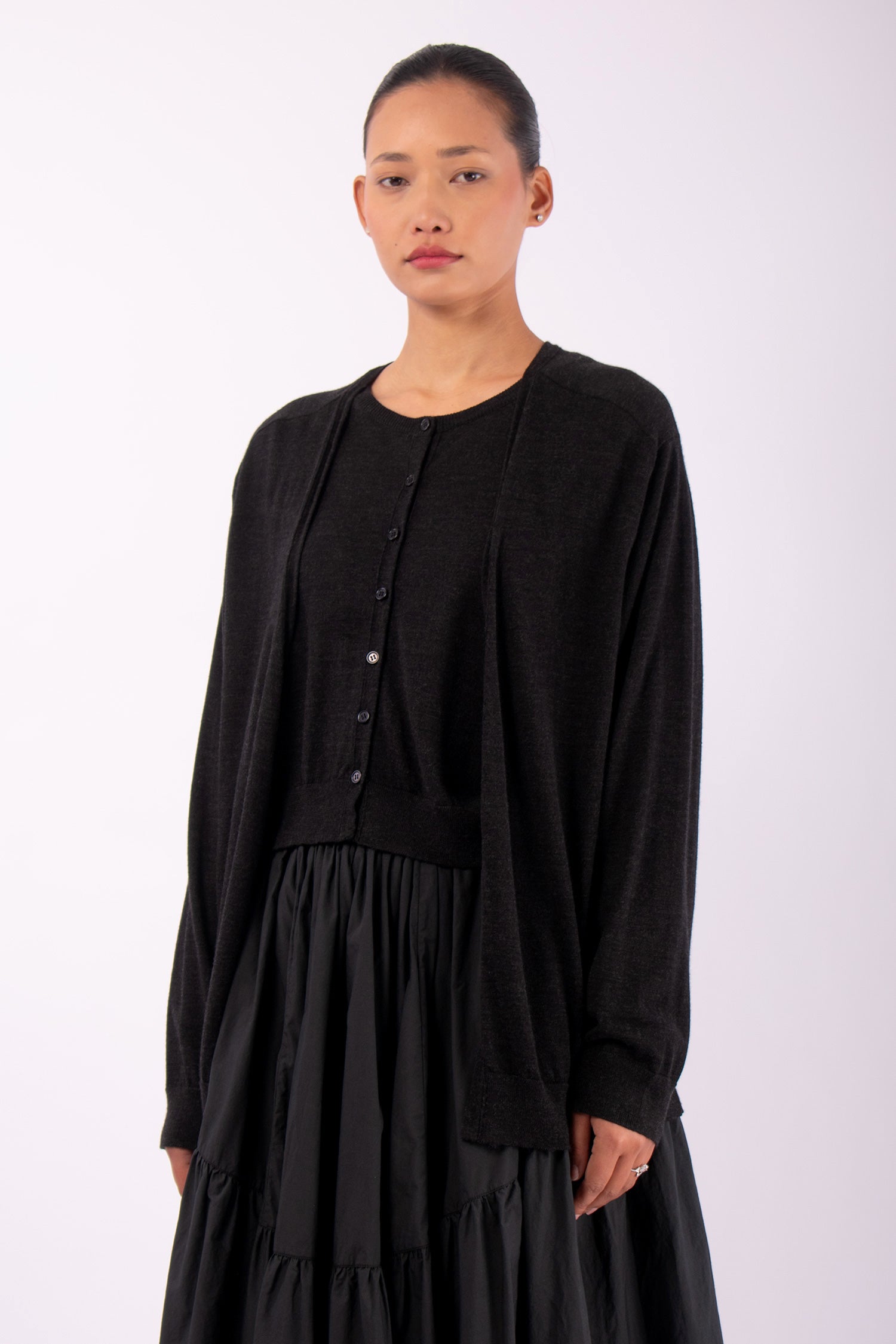 #1498 V-Neck Cardigan in Superfine Merino- Charcoal — Lars Andersson, view 2