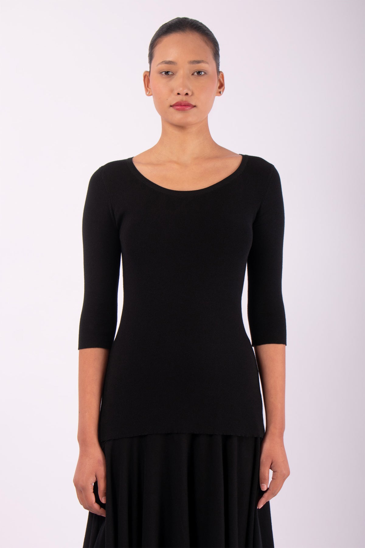 #554 3/4 Sleeve Boatneck Top in Organic Cotton- Black — Lars Andersson hand-loomed knitwear