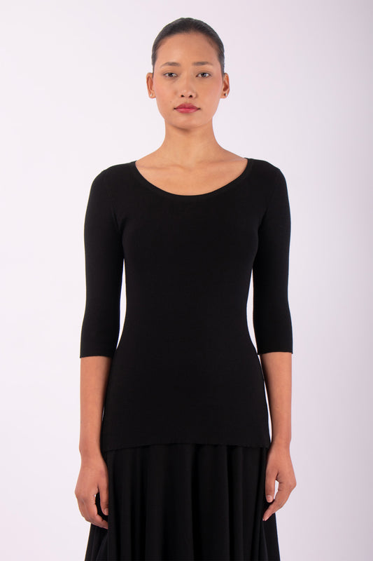 #554 3/4 Sleeve Boatneck Top in Organic Cotton- Black — Lars Andersson hand-loomed knitwear