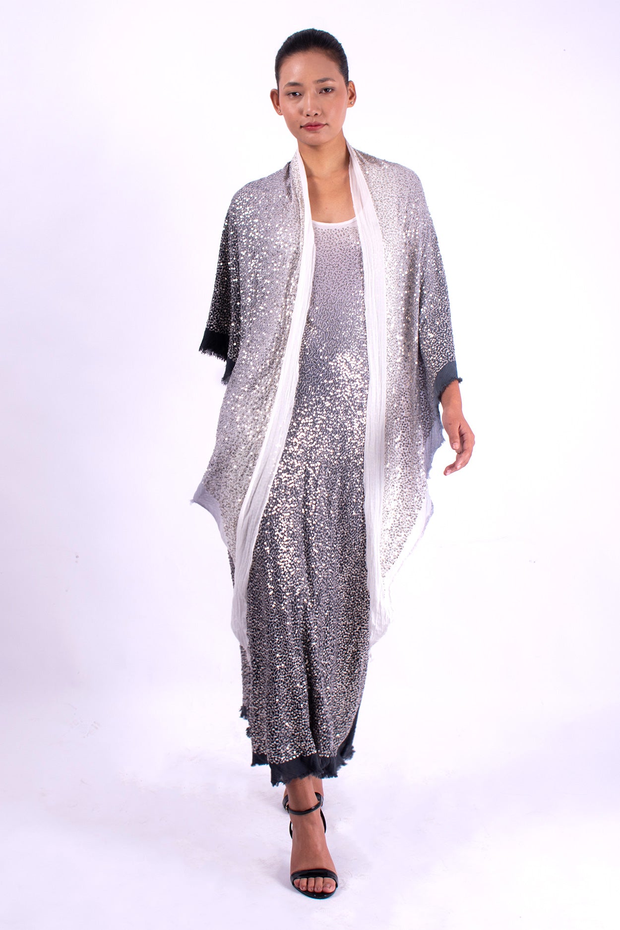 #1296 Triangle Shawl In Cotton Mesh And Metal Sequins- Charcoal Ombre — Lars Andersson, view 5