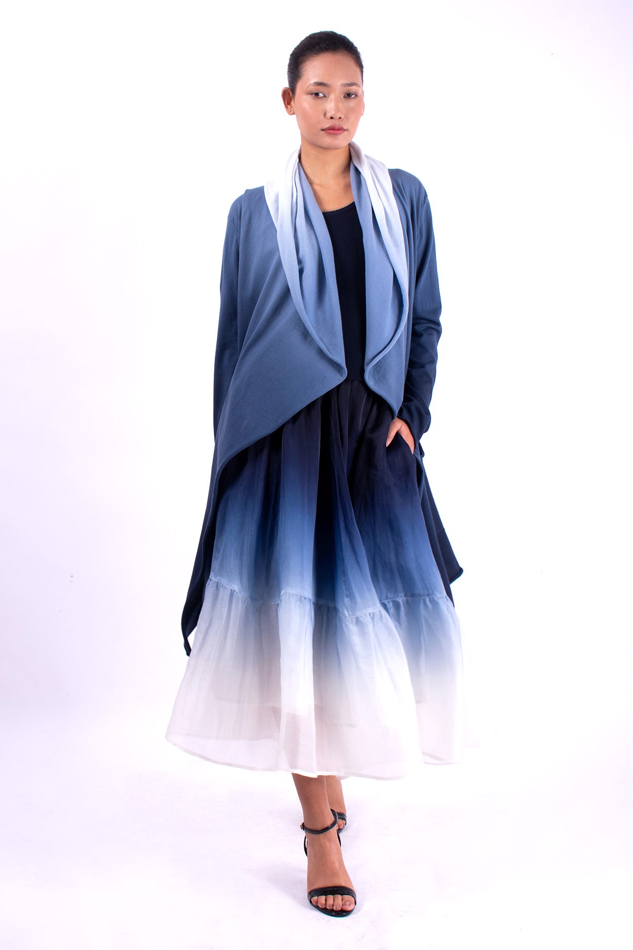 #1354 Draped Hooded Wrap Jacket In Organic Cotton- Blue Carlo Ombre — Lars Andersson, view 5