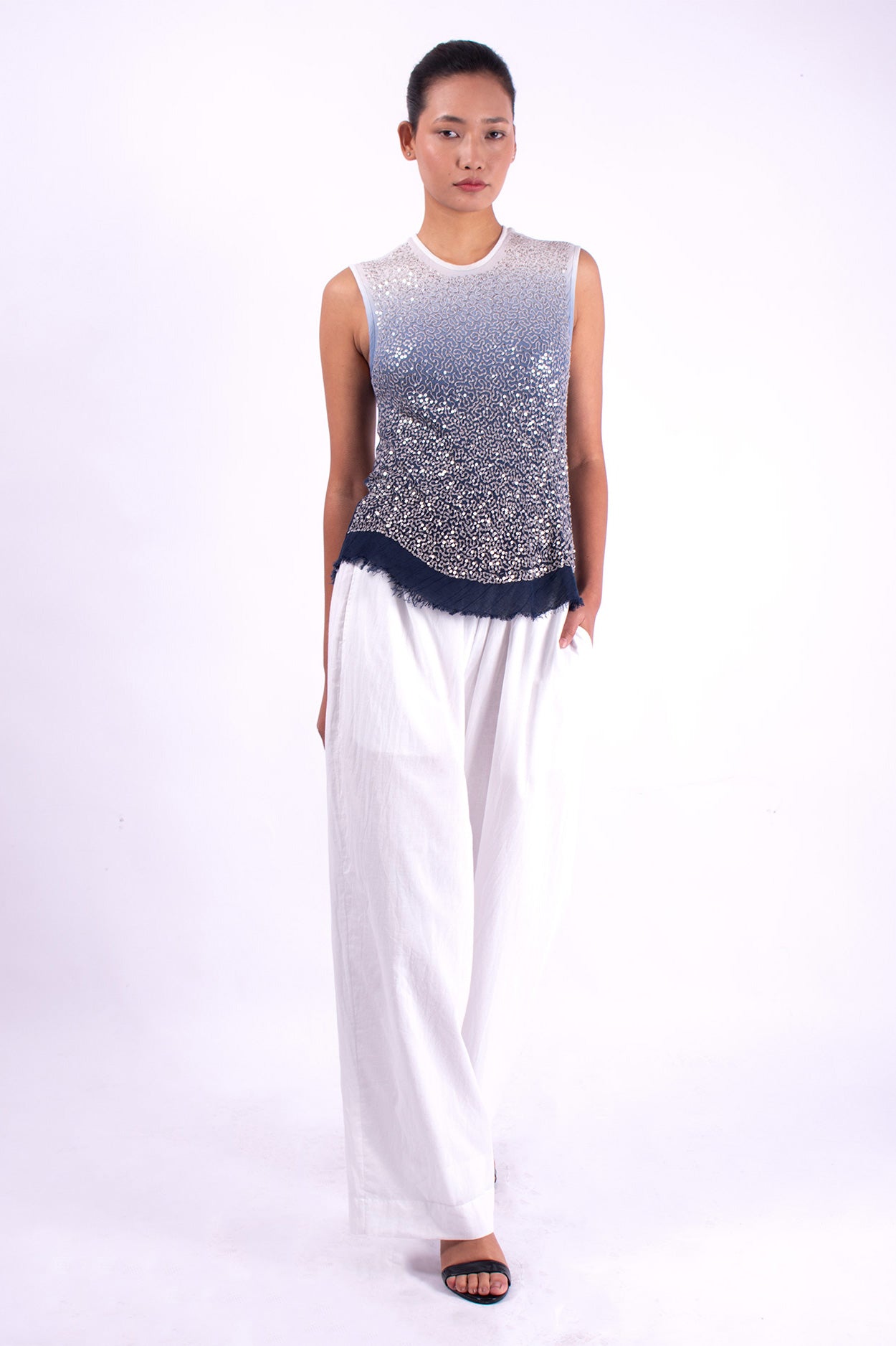 #1282 Sleeveless Top In Cotton Mesh And Metal Sequins- Blue Carlo Ombre — Lars Andersson, view 5