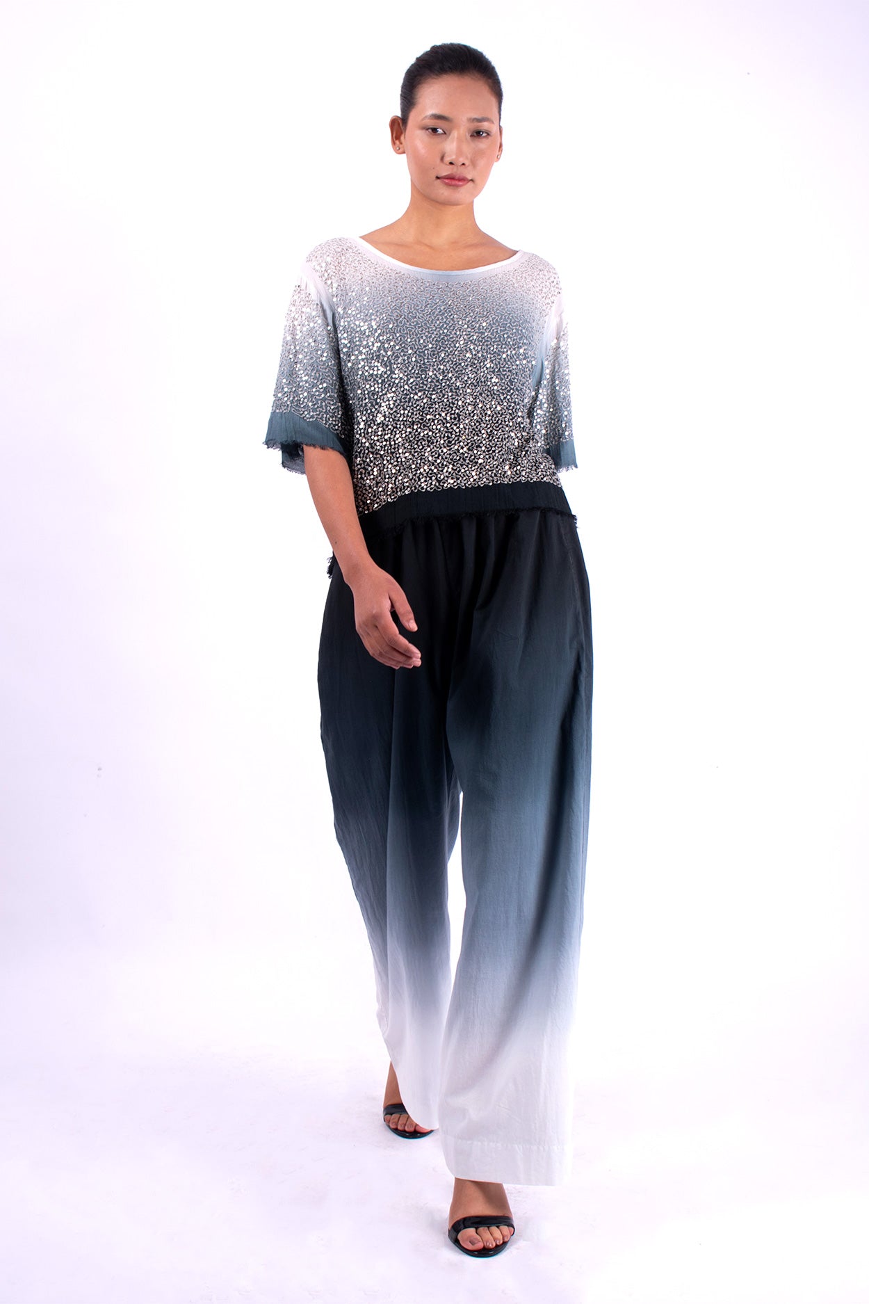 #1292 Cropped Boatneck Top In Cotton Mesh And Metal Sequins- Black Ombre — Lars Andersson, view 5