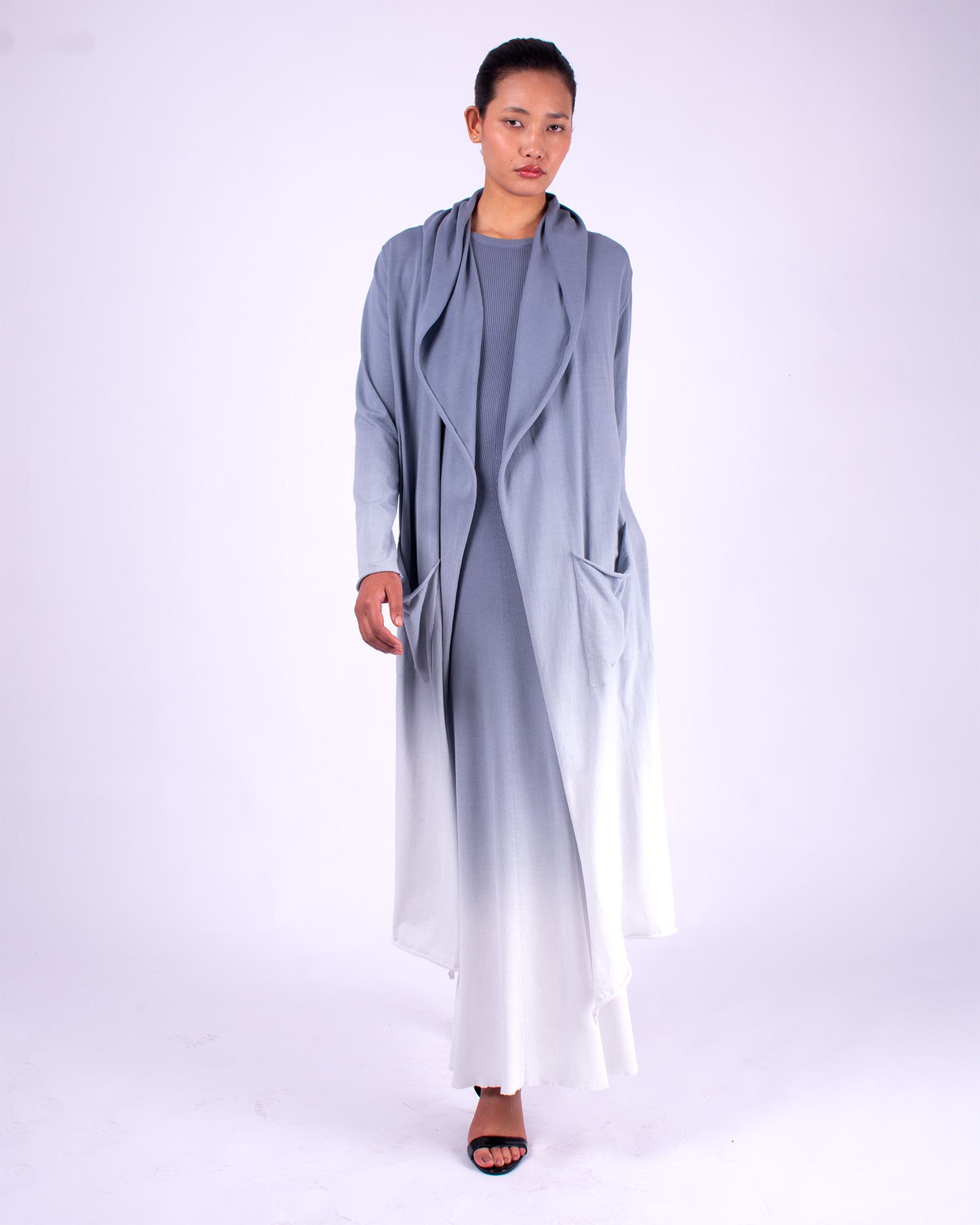 #858 Hooded long cardigan in organic cotton