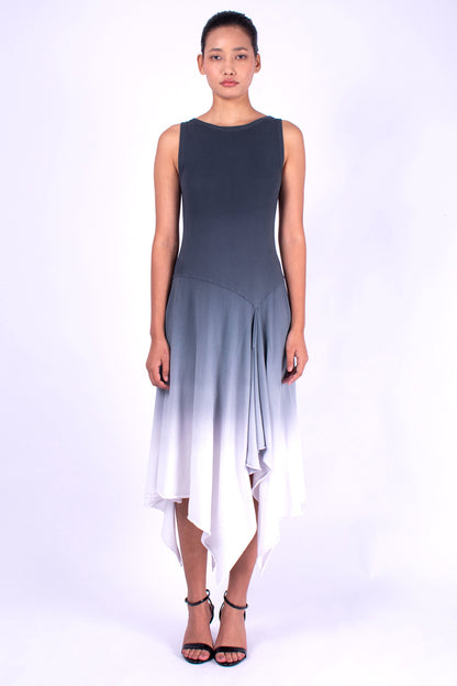 #1140 Sleeveless Handkerchief Dress In Organic Cotton- Charcoal Ombre — Lars Andersson hand-loomed knitwear