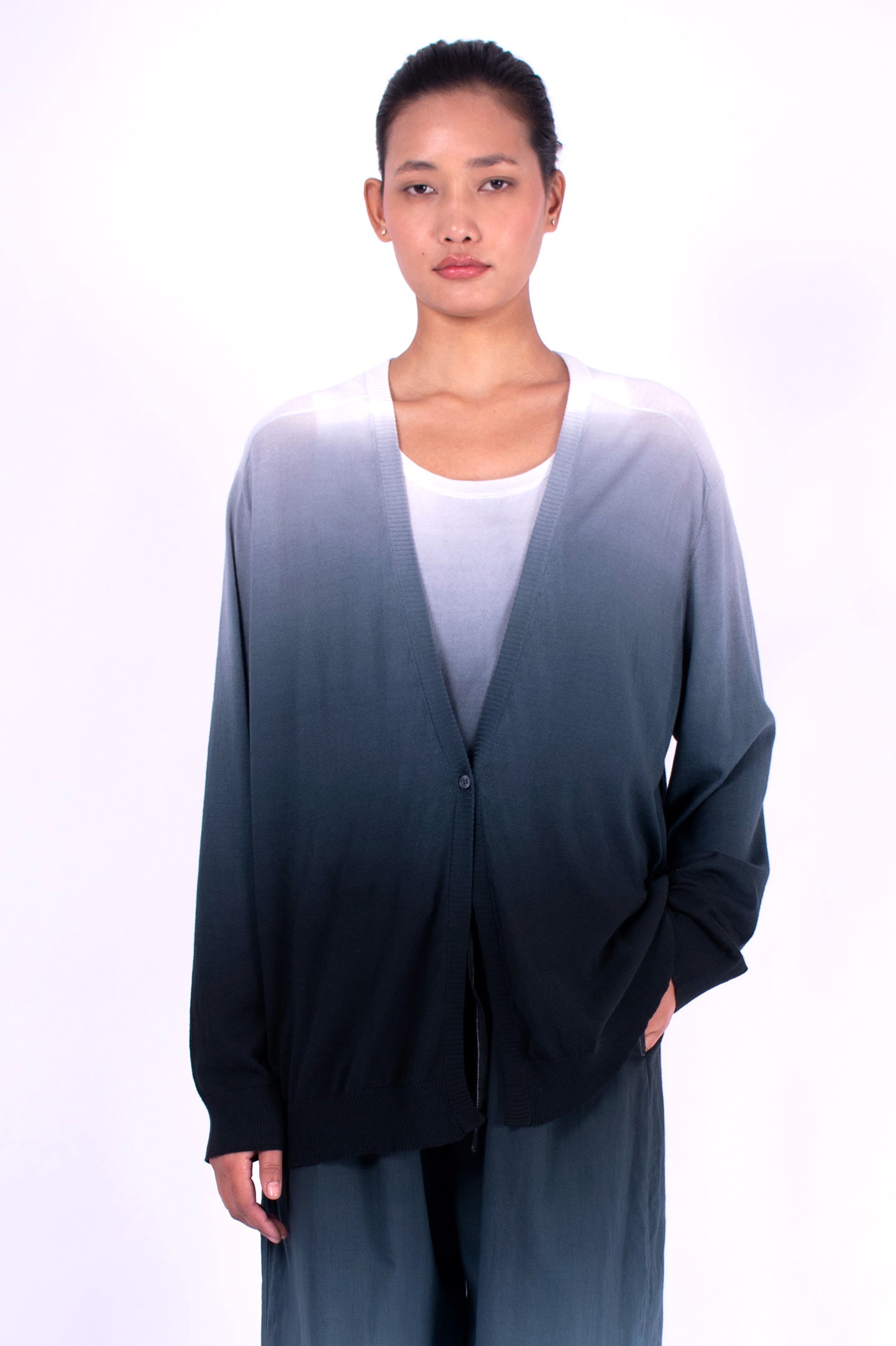 #1205 Oversized V-neck Cardigan In Organic Cotton- Black Ombre — Lars Andersson hand-loomed knitwear