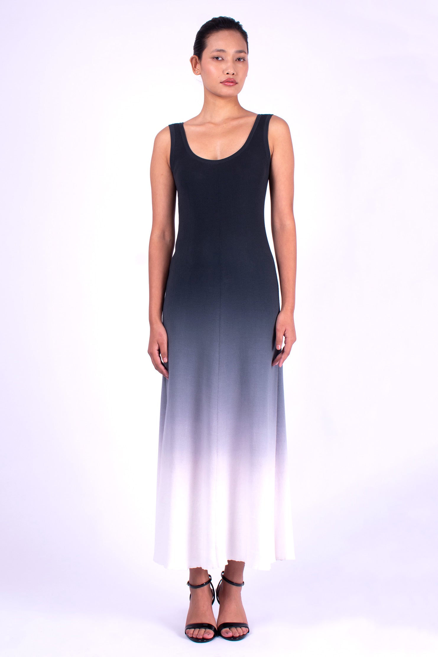 #1251 Scoop-neck Tank Dress 1x1 In Organic Cotton- Charcoal Ombre — Lars Andersson hand-loomed knitwear