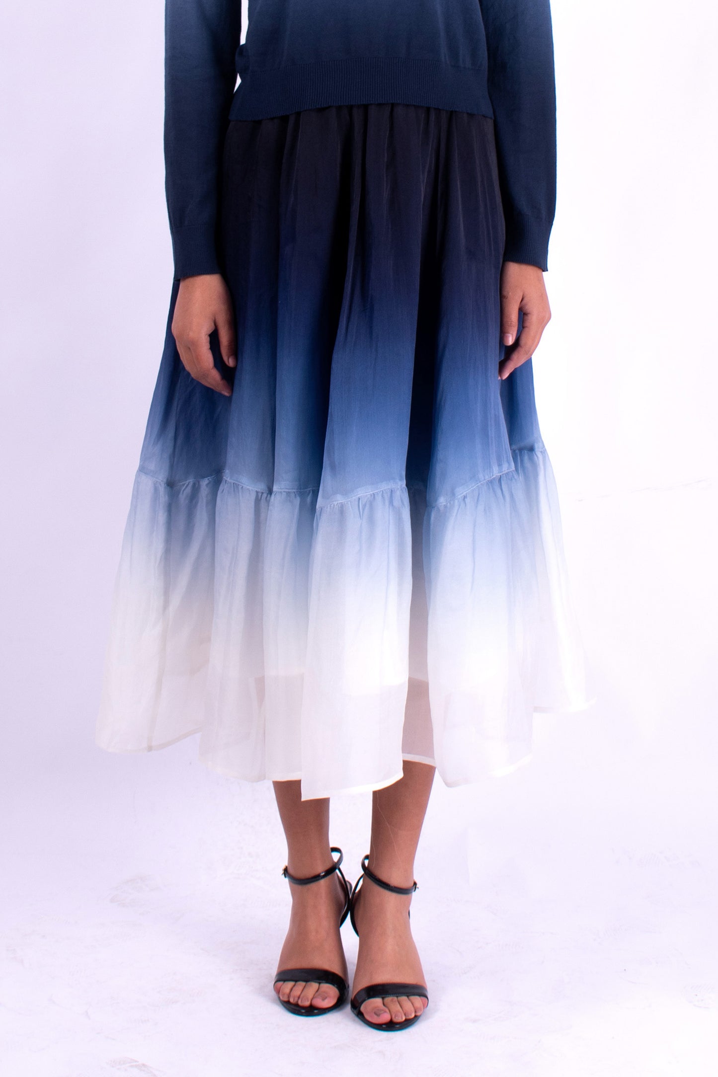 #1267 8 Panel Skirt In Silk Organza- Blue Carlo Ombre — Lars Andersson hand-loomed knitwear