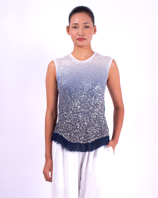 #1282 Sleeveless top in cotton mesh and metal sequins