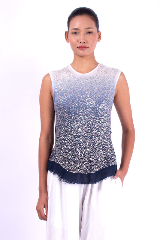#1282 Sleeveless Top In Cotton Mesh And Metal Sequins- Blue Carlo Ombre — Lars Andersson hand-loomed knitwear