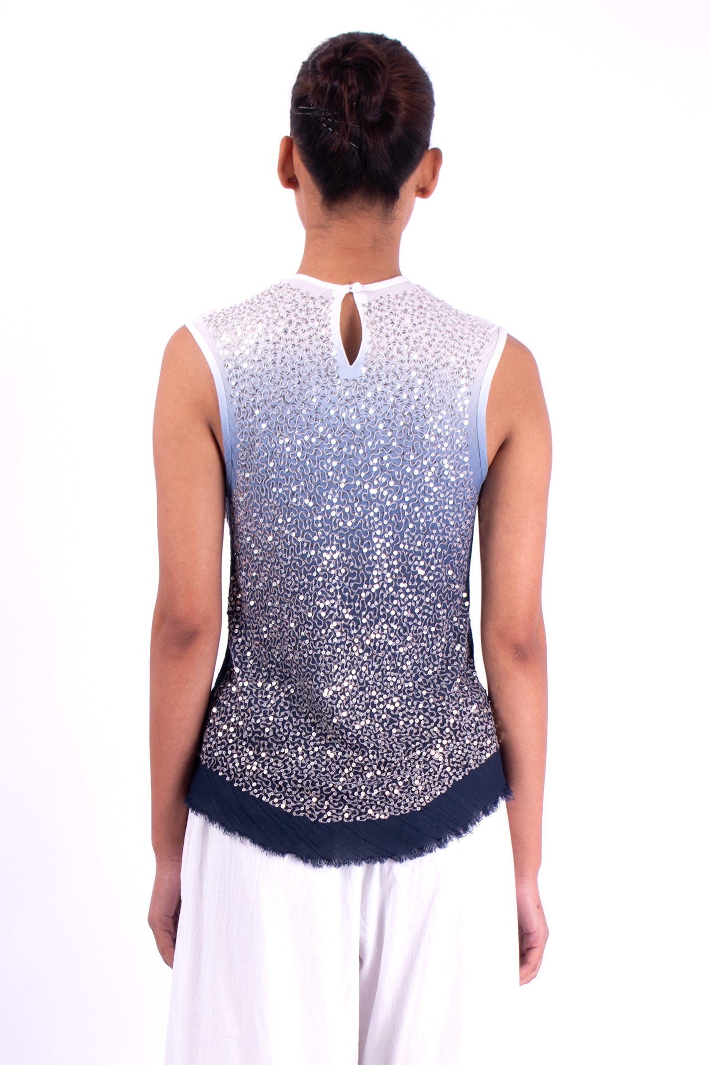 #1282 Sleeveless Top In Cotton Mesh And Metal Sequins- Blue Carlo Ombre — Lars Andersson, view 3