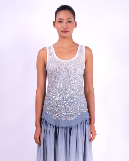 #1283 Scoop-neck tank top in cotton mesh and metal sequins