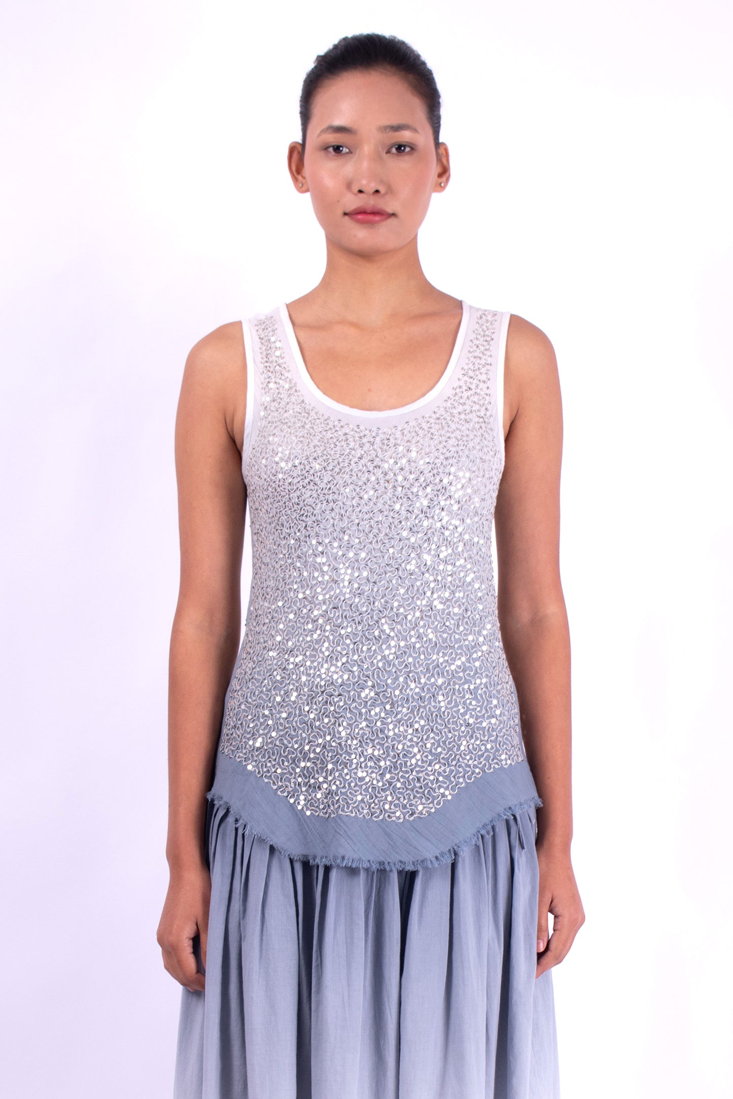 #1283 Scoop-neck Tank Top In Cotton Mesh And Metal Sequins- Storm Ombre — Lars Andersson hand-loomed knitwear