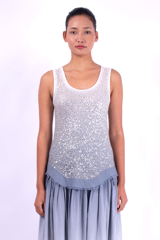 #1283 Scoop-neck Tank Top In Cotton Mesh And Metal Sequins- Storm Ombre — Lars Andersson hand-loomed knitwear