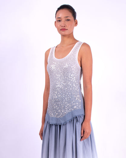 #1283 Scoop-neck tank top in cotton mesh and metal sequins