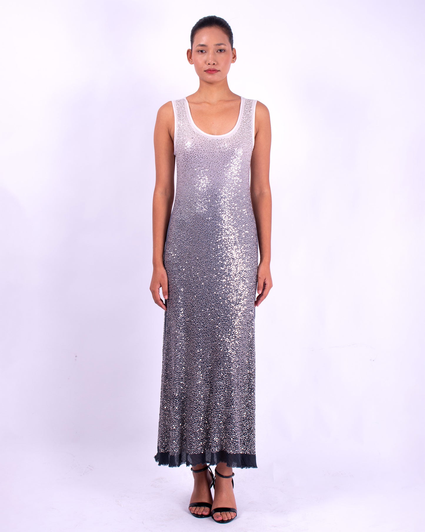#1288 Scoop-neck tank dress in cotton mesh and metal sequins