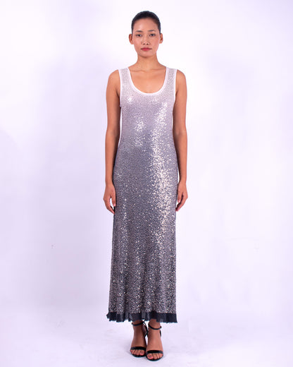 #1288 Scoop-neck tank dress in cotton mesh and metal sequins