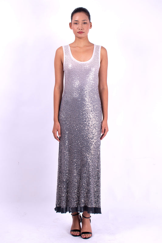 #1288 Scoop-neck tank dress in cotton mesh and metal sequins