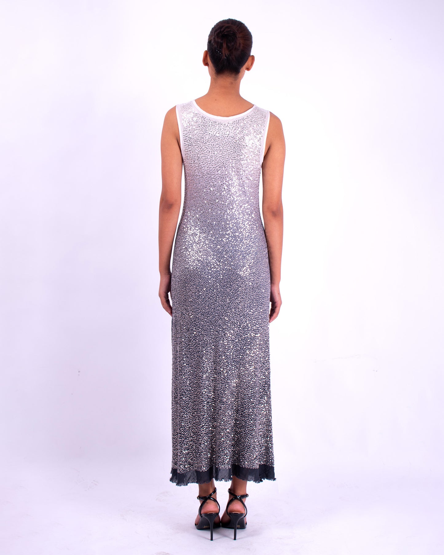 #1288 Scoop-neck tank dress in cotton mesh and metal sequins