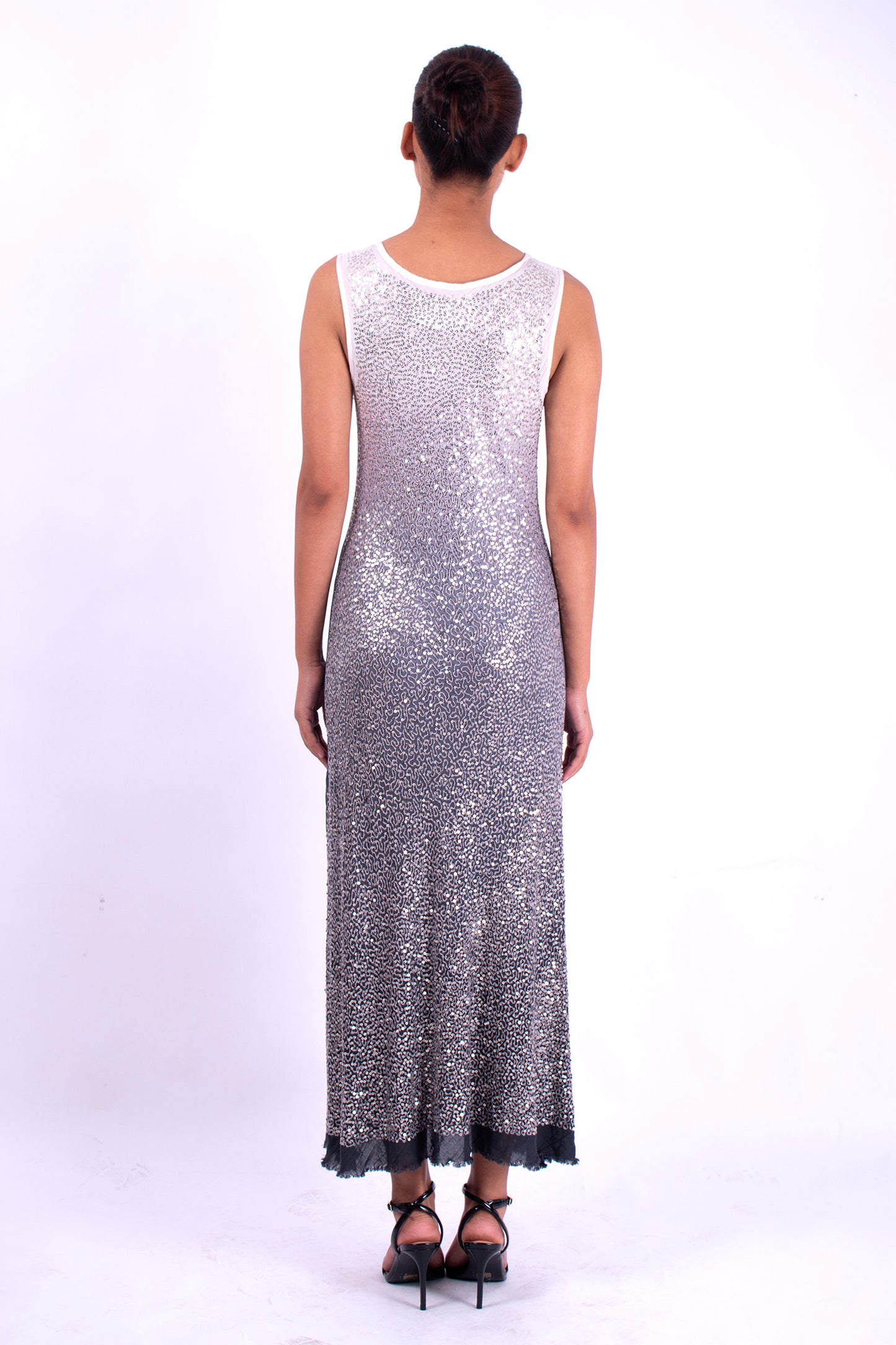 #1288 Scoop-neck Tank Dress In Cotton Mesh And Metal Sequins- Charcoal Ombre — Lars Andersson, view 3
