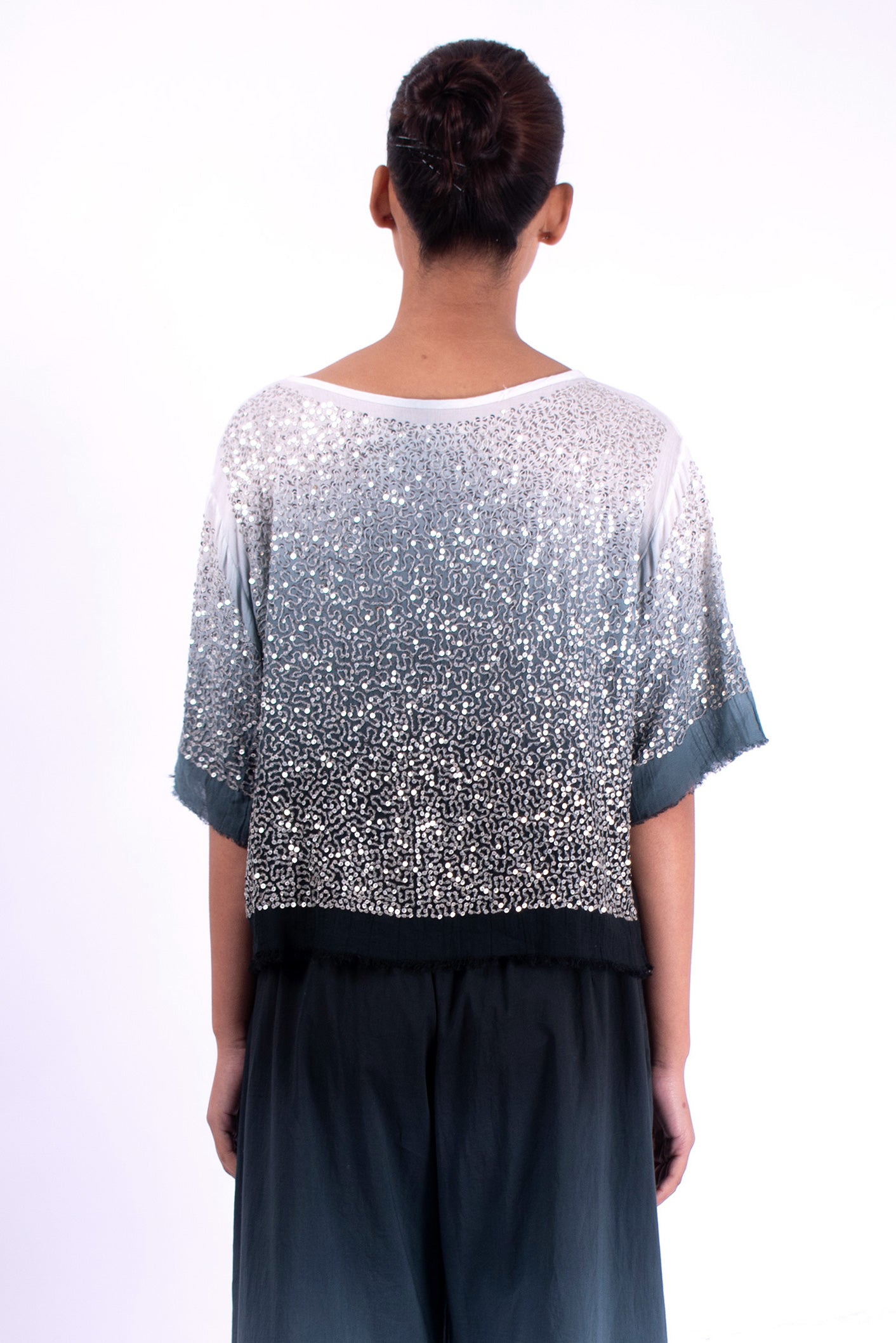#1292 Cropped Boatneck Top In Cotton Mesh And Metal Sequins- Black Ombre — Lars Andersson, view 3