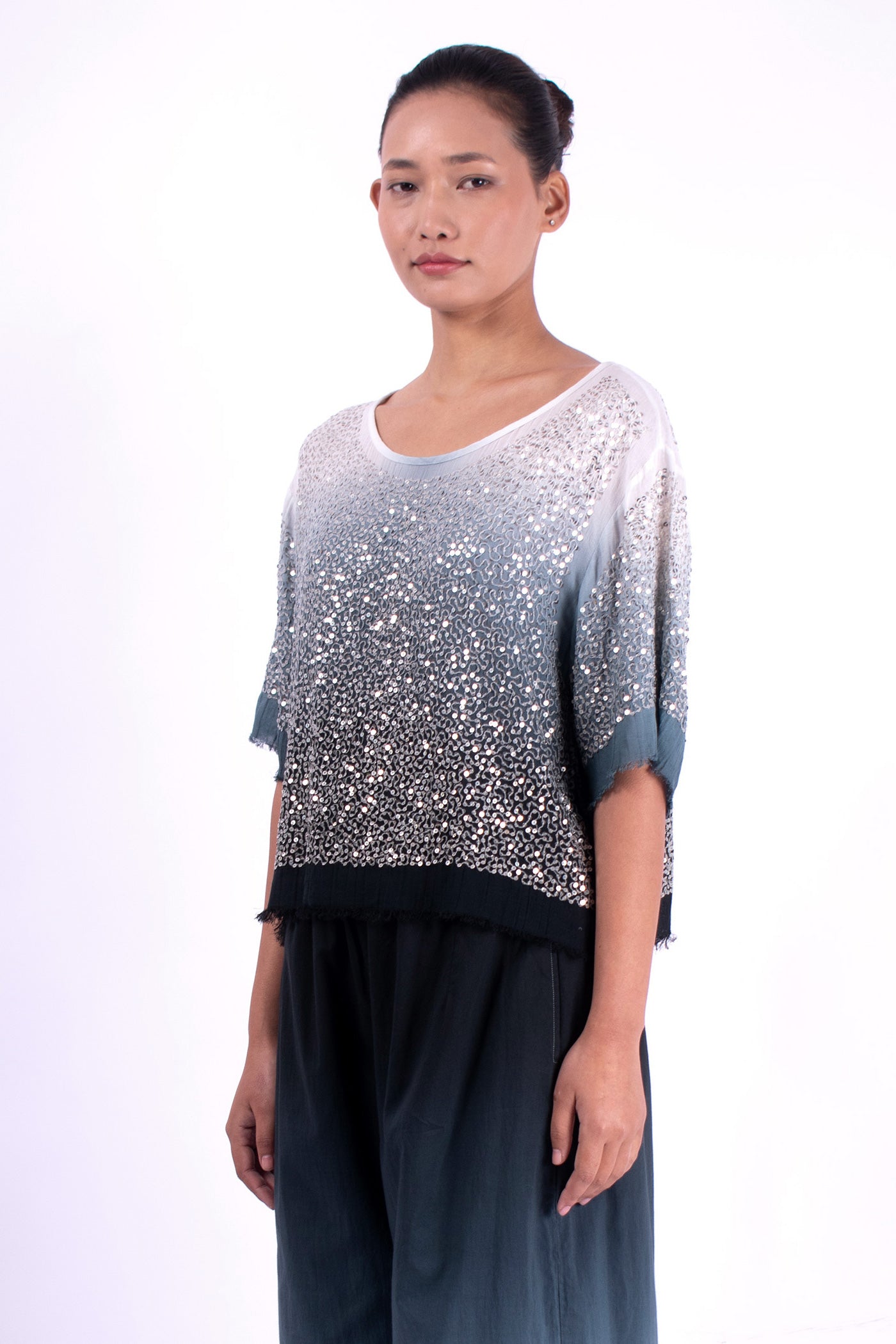 #1292 Cropped Boatneck Top In Cotton Mesh And Metal Sequins- Black Ombre — Lars Andersson, view 2