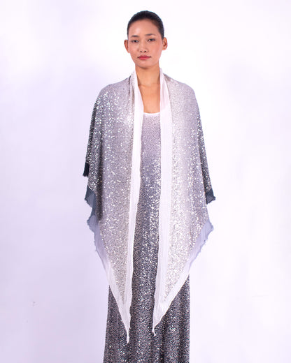 #1296 Triangle shawl in cotton mesh and metal sequins