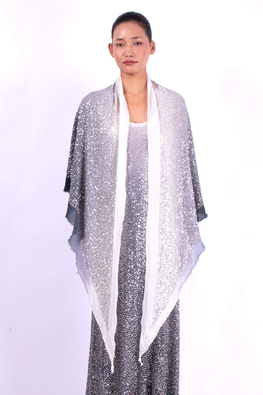 #1296 Triangle shawl in cotton mesh and metal sequins