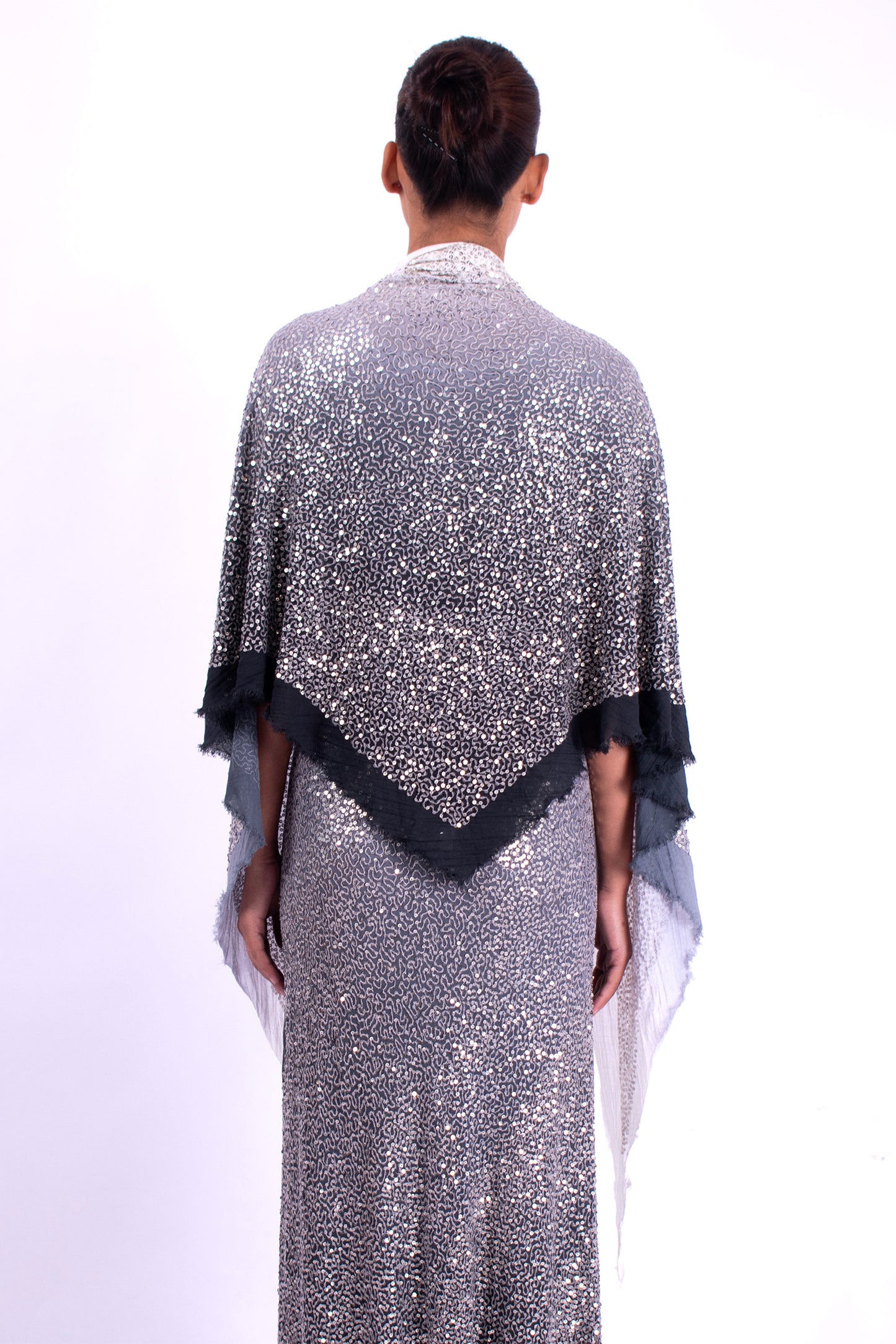 #1296 Triangle Shawl In Cotton Mesh And Metal Sequins- Charcoal Ombre — Lars Andersson, view 3