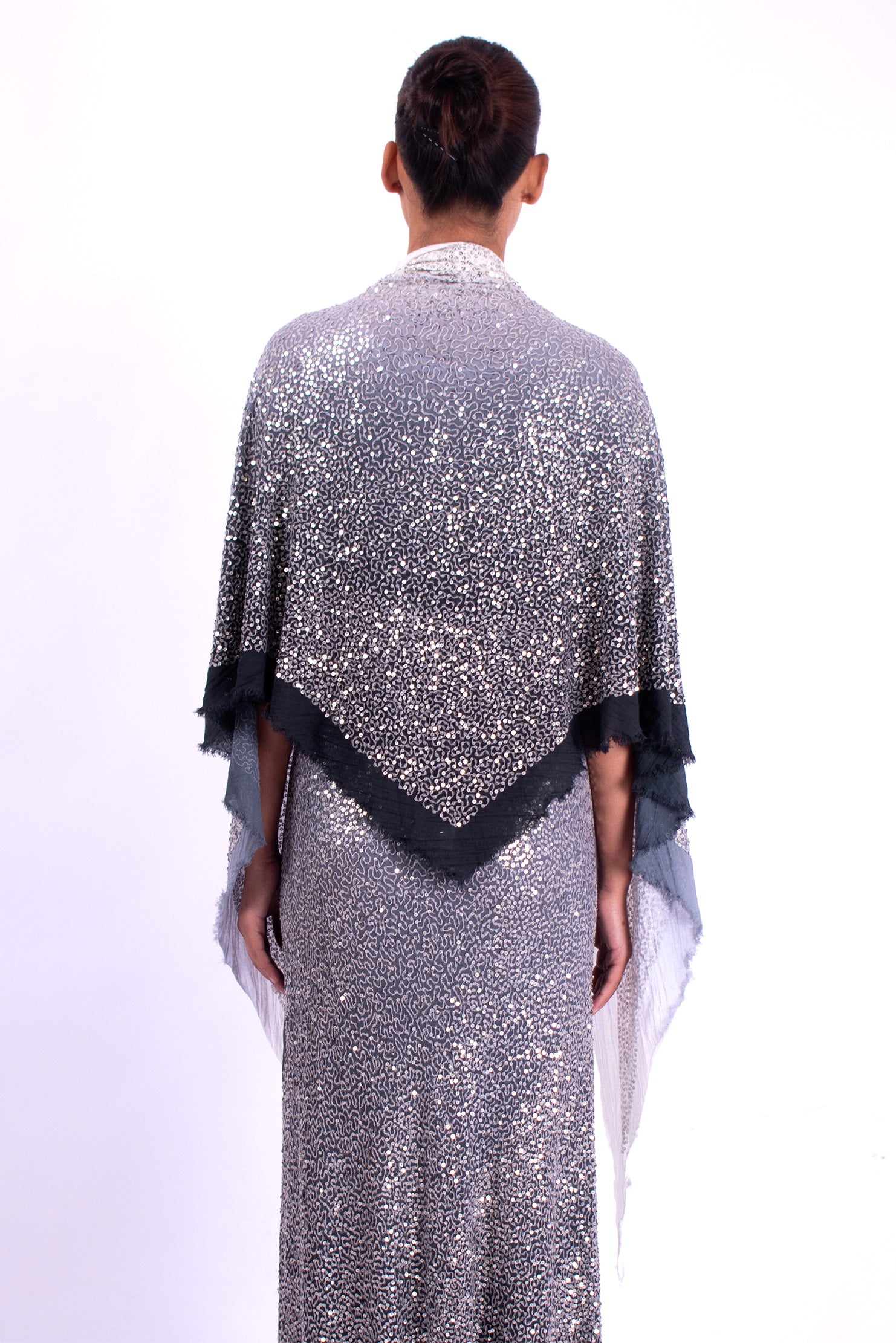 #1296 Triangle Shawl In Cotton Mesh And Metal Sequins- Charcoal Ombre — Lars Andersson, view 3