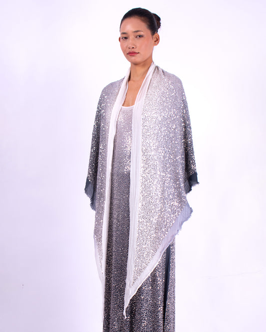 #1296 Triangle shawl in cotton mesh and metal sequins